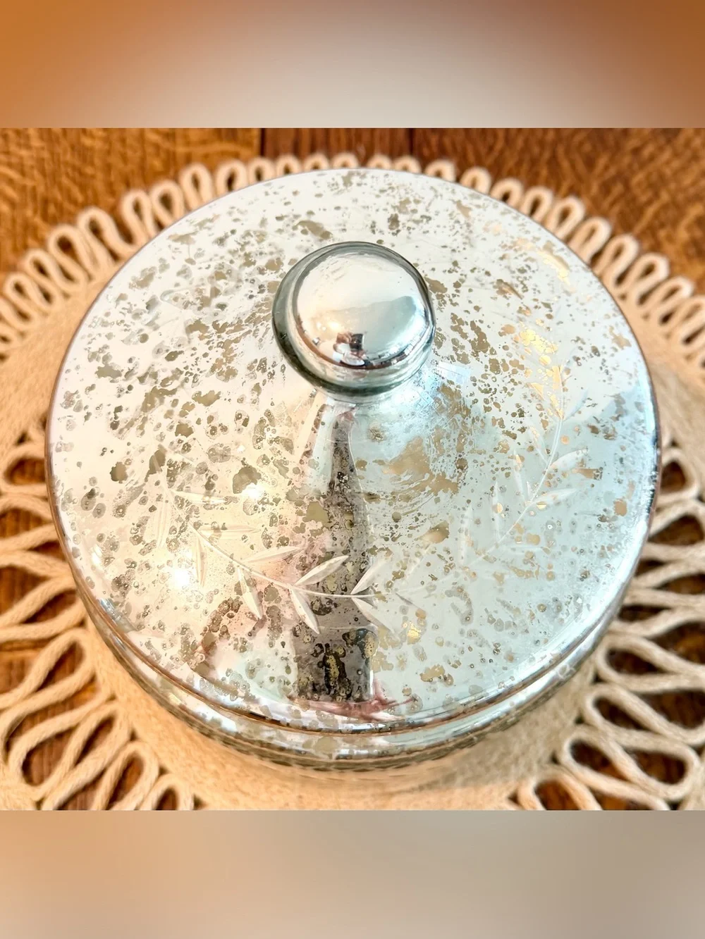 Vintage Mercury Silver Etched Leaf Glass Jar W/Lid